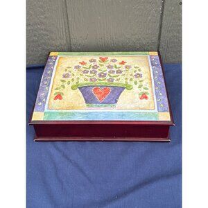 Wooden Jewelry Box With Teresa Kogut Floral Heart Folk Art & Velvet Lining